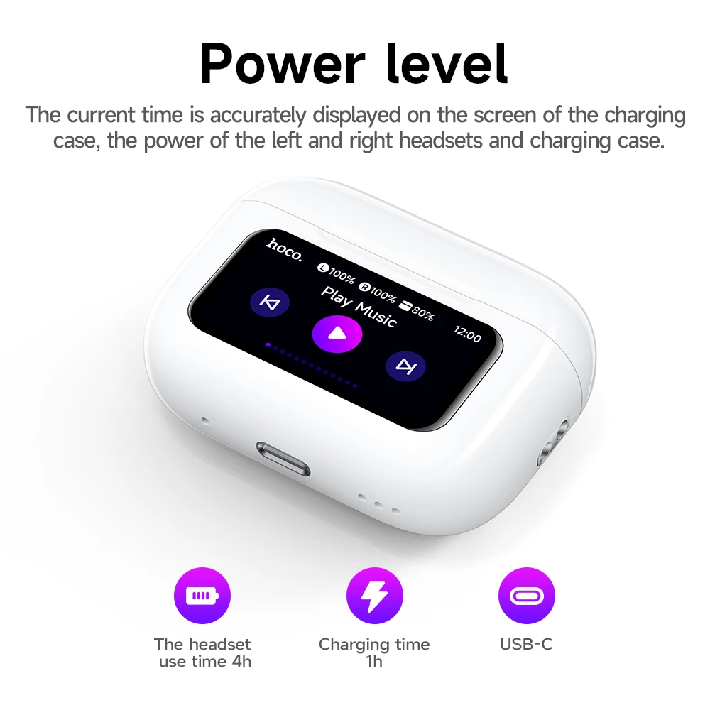 HOCO EW72 Lite Wireless Touch Screen Bluetooth Headset LED Power Display In Ear Sport Game Headphones with Charging Box White