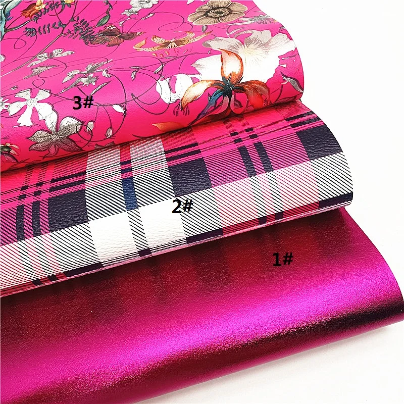 Rose Glitter Leather Sheets Flowers Tartans Camousfage Printed Synthetic Leather Metallic Faux Leather For Bows DIY Craft W442