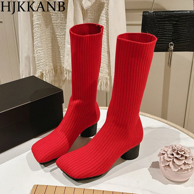 

Round Toe Chunky High Heel Mid Calf Sock Boots Women Knitting Long Booties Autumn Winter Shoes Ladies Versatile Morden Boots