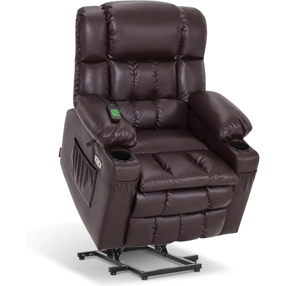 Dual Motor Power Recliner with Heat Massage, Cup Holders, USB Ports, and Leather in Medium Brown