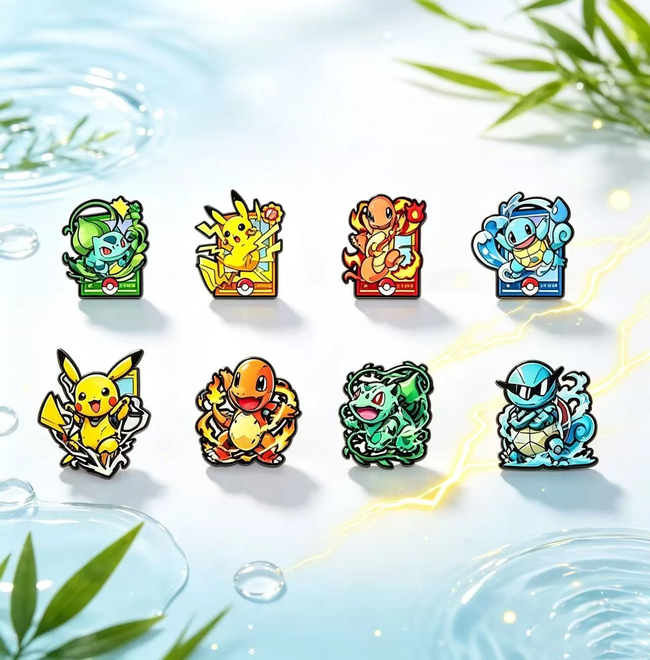 8Pcs Card Style Fantasy Animal Brooch Set, Fire Water Grass Monster Badges for Fans Collection Accessory