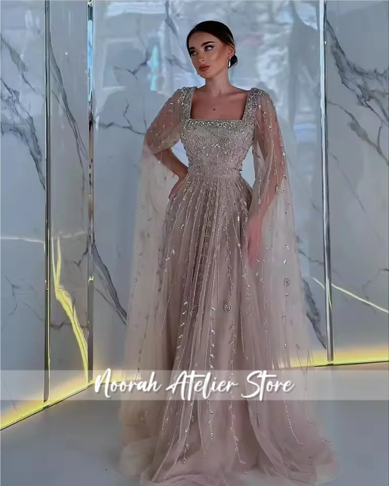 Nuovi abiti da sera da donna di alta qualità di lusso con maniche lunghe in rilievo con colletto quadrato 2025 Elegante abito da festa di nozze personalizzato