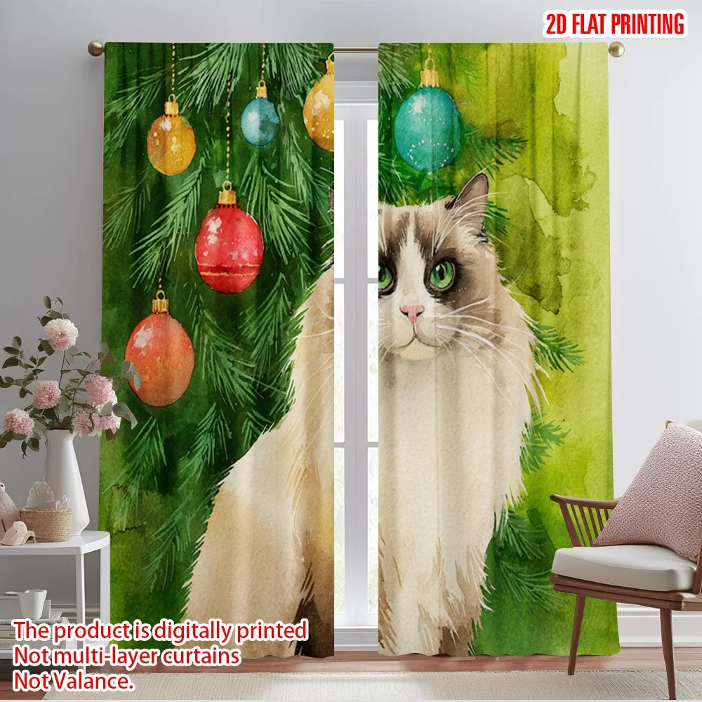 2pcs,2D plane printing Curtains Digital Printed Longhair Cat by Tree Durable Polyester (without rod) Art Deco Festive Use for