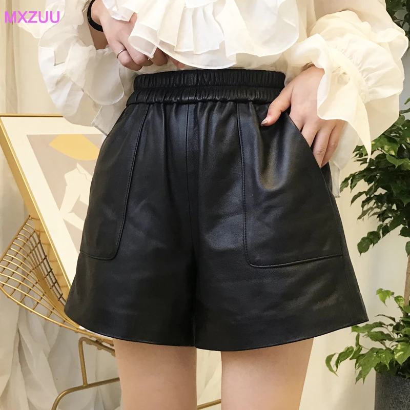 Novos shorts de couro primavera outono feminino pele de carneiro real cáqui/chocolate cintura elástica bolso fino calças largas perna plantacourt femme