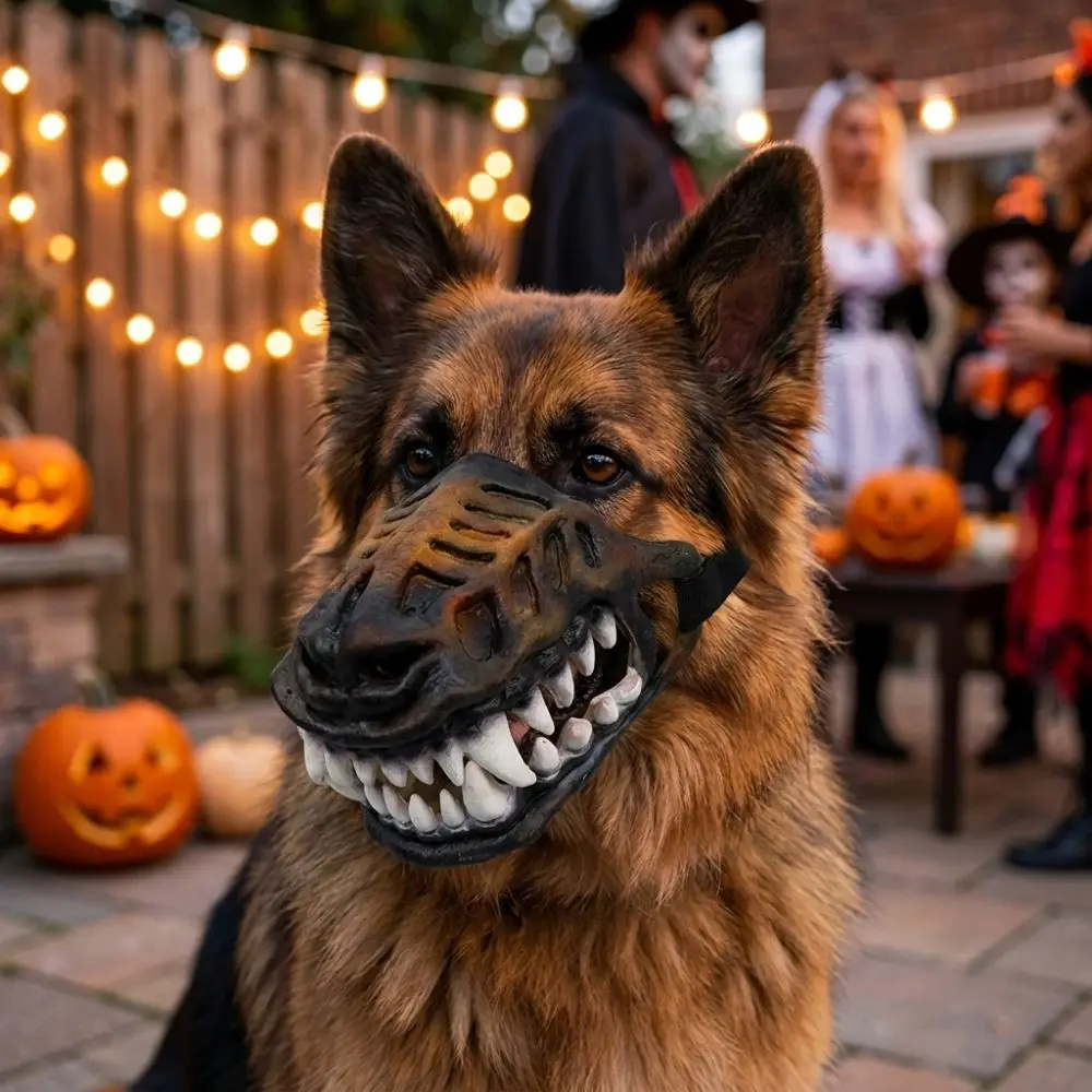 Vintage Halloween-Hundemasken mit beweglichen Zähnen, verstellbaren Riemen, Latex-Halbgesichtsmaske für Hunde, reißfest, realistische Zähne – Detail 3