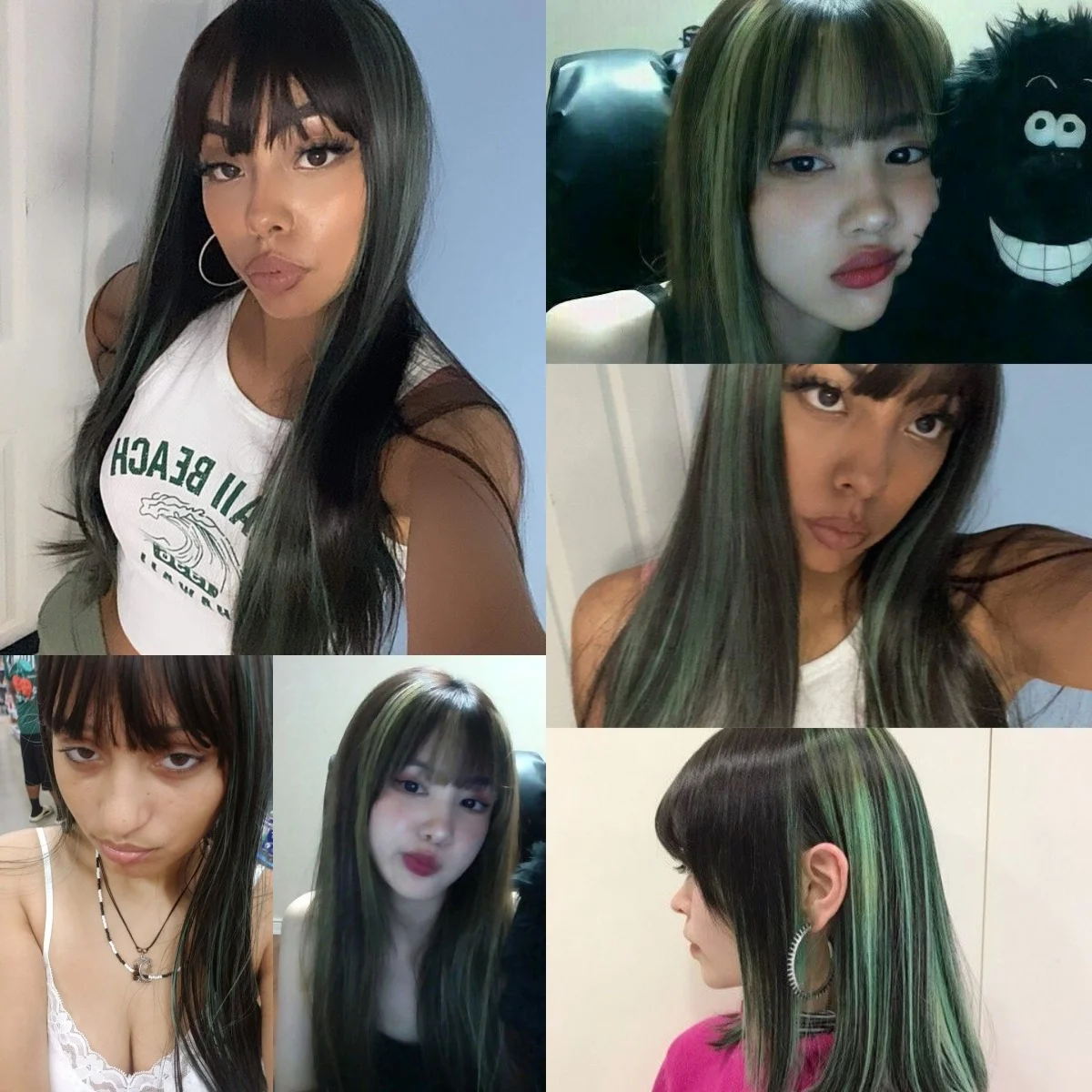 Black Highlight Green Synthetic Wigs Multicolor Long Straight Green Wig with Bangs For Women Natural Cosplay Party Christmas Wig