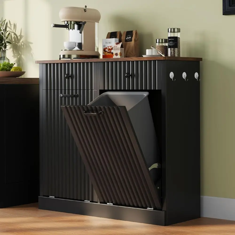 

20 Gallon Double Tilt-Out Trash & Laundry Cabinet, Wooden Concealed Bin for Kitchen/Living Room, Black