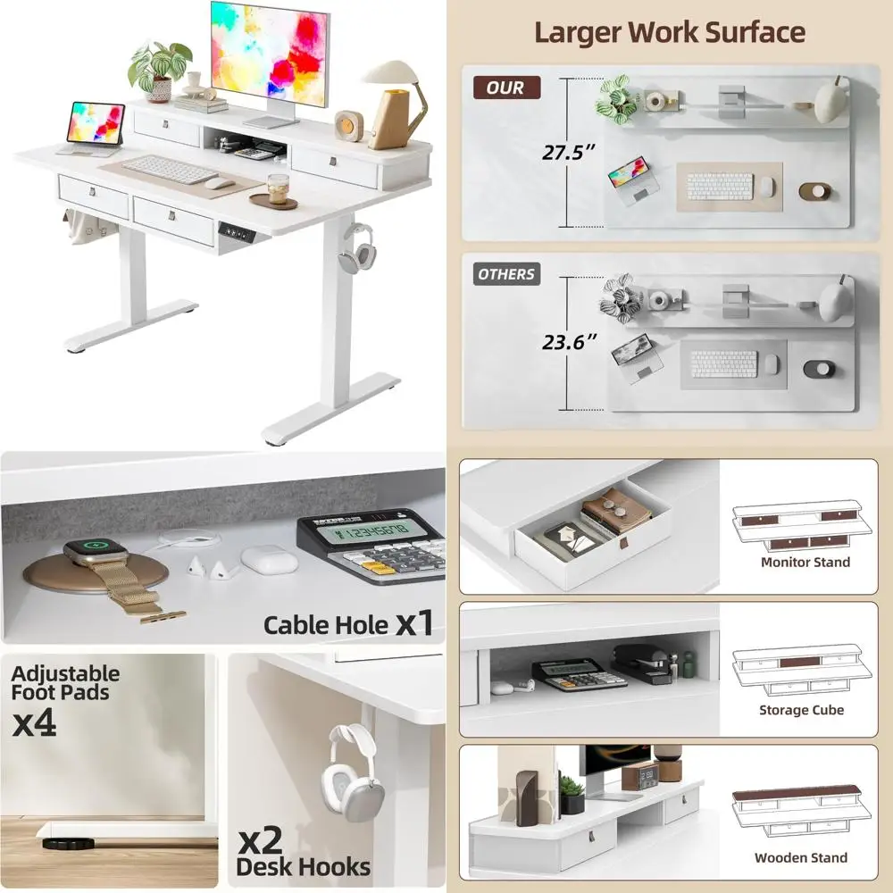 

Electric Adjustable Height Stand-Up Desk with Storage Shelves and Four Drawers, 48x28 Inches
