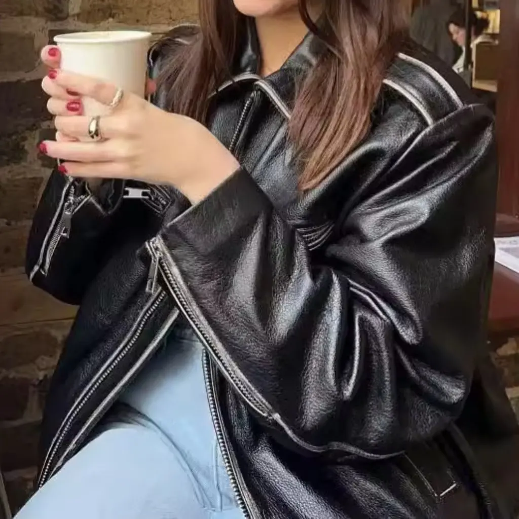 여성용 빈티지 워싱 컬러 바이커 가죽 재킷 헤비 인더스트리 하이 스트리트 스타일 루즈 PU 코트 가을용