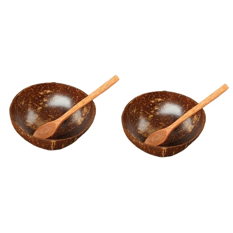 2Pcs Natural Coconut Bowl Tablespoon Set - Fruit Salad Noodle Rice Bowl Wooden Fruit Bowl Handicraft Decoration Φ12-15Cm