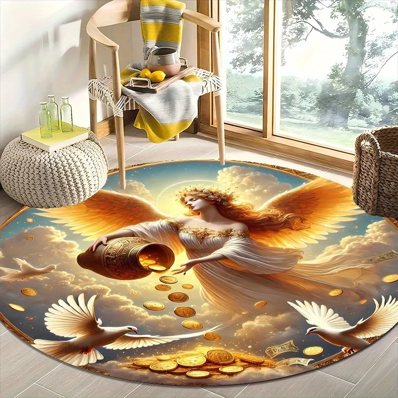 Angel and Dove Gold Coins Flannel-printed round floor mats are slip-resistant Suitable for living bedroom terrace garden carpets
