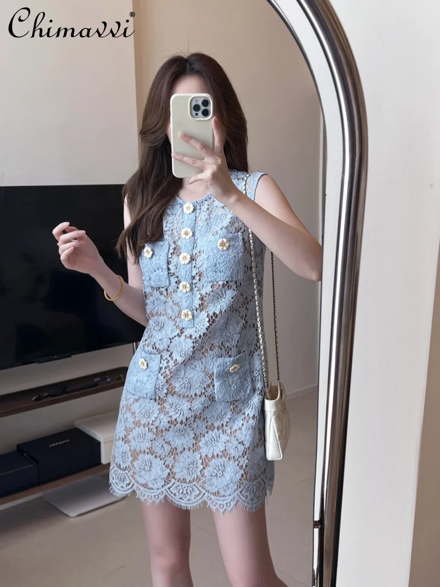

Summer New French Blue Lace Flower Sleeveless Short A-word Dress Fashion Round Neck Temperament Party Short Dresses for Women