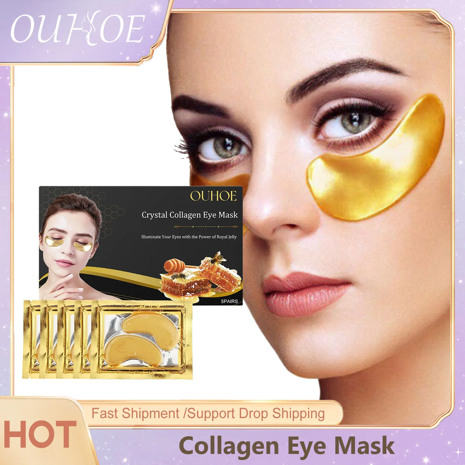 OUHOE Collagen Eye Mask Anti Dark Circles Removal Eyes Bag Moisturizing Hydrating Skin Tightening Hyaluronic Acid Eye Serum 5PCS