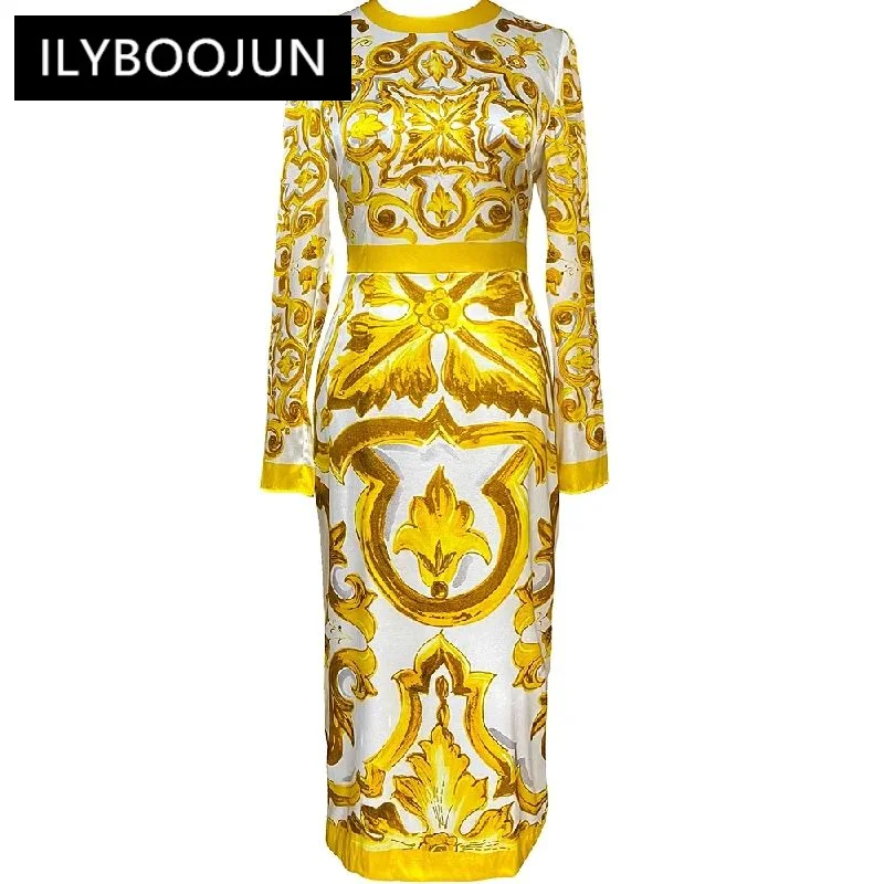 Dresses For Women 2024 Luxury Brand Party Silk Pencil Dress O-neck Long Sleeve Yellow Flower Print Indie Folk