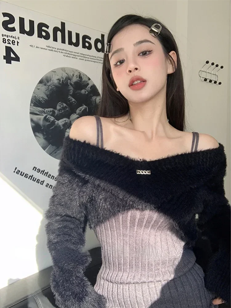 

2024 Spring Y2k Two Peices Set Sexy Elegant Long Sleeve Sweater Pullovers + Women Knitted Split Mini Dresses Female Cute Vestido