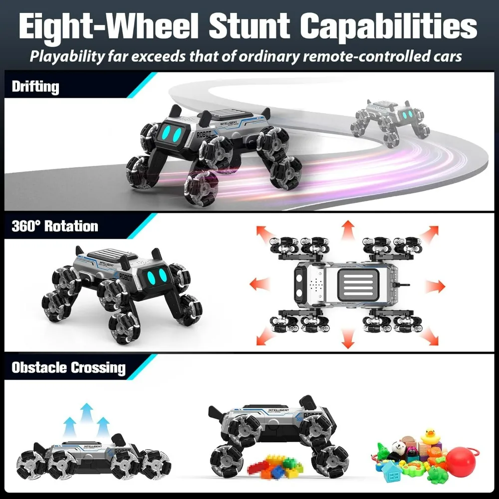 سيارة حيلة 3 في 1 بمستشعر للإيماءات مع ضوء وموسيقى، كلب روبوت ذو ثمانية عجلات للتحكم عن بعد، لعبة سيارة حيلة ذكية مزدوجة التحكم #4