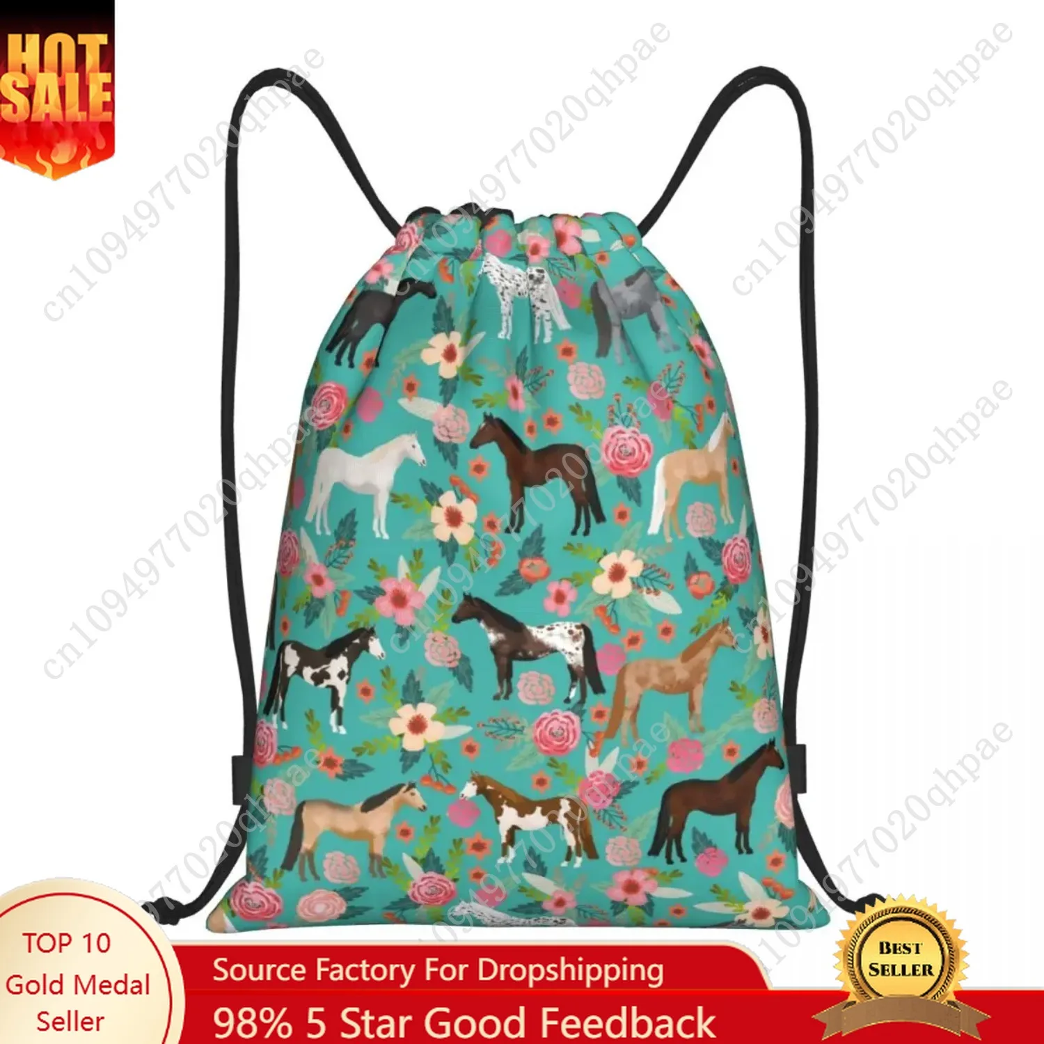 

Horses Floral Drawstring Backpack Women Men Gym Sport Sackpack Foldable Horse Breeds Farm Animal Pets Training Bag Sack