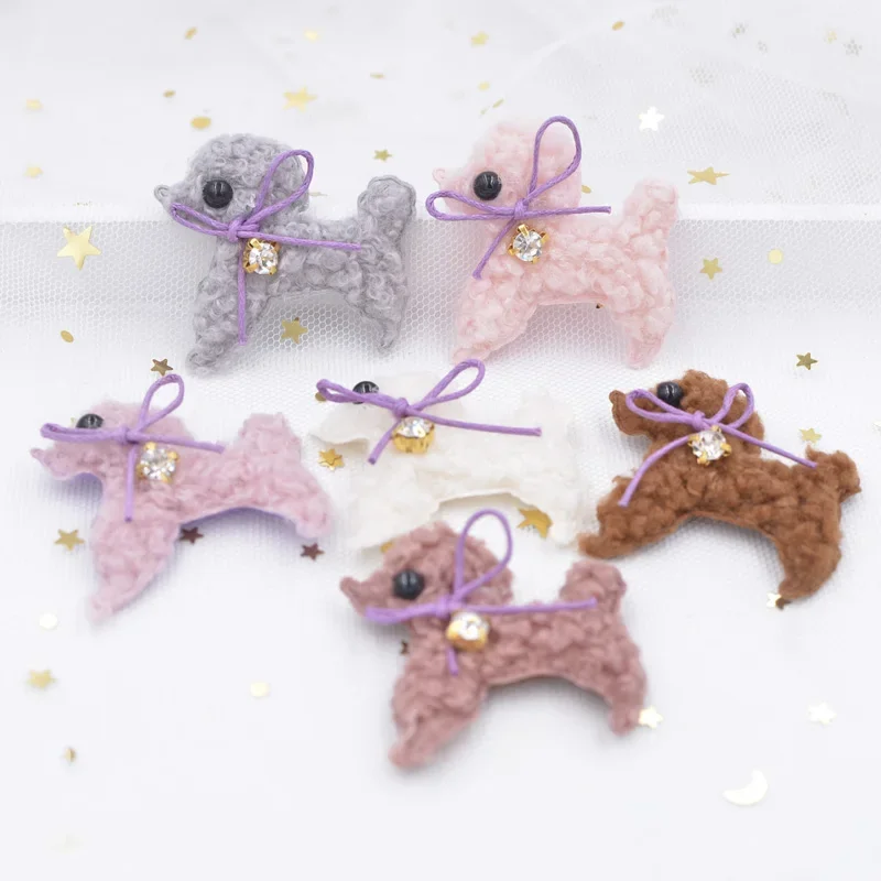 6Pcs Teddy Plush Padded Patches Rhinestone Bow Stick-on Cute Dog Appliques for Clothes Hat Leggings Sewing Supplies Ornament