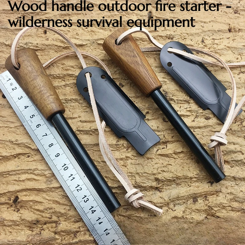 2Set Wood Handle Outdoor Fire Starter Magnesium Rod Emergency Fire-making Device Survival Wild Leather Cord Strong Scraper