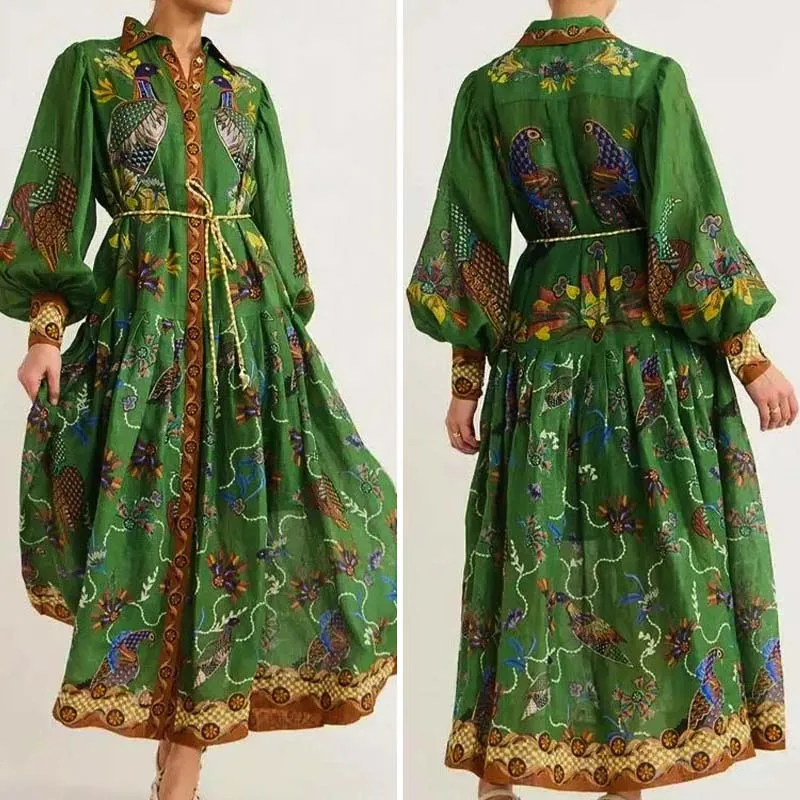 Vintage Puff Sleeve Midi Dress For Women Elegant Turn-down Collar Buttons Green Pleated Dresses Ladies Evening Holiday Robes