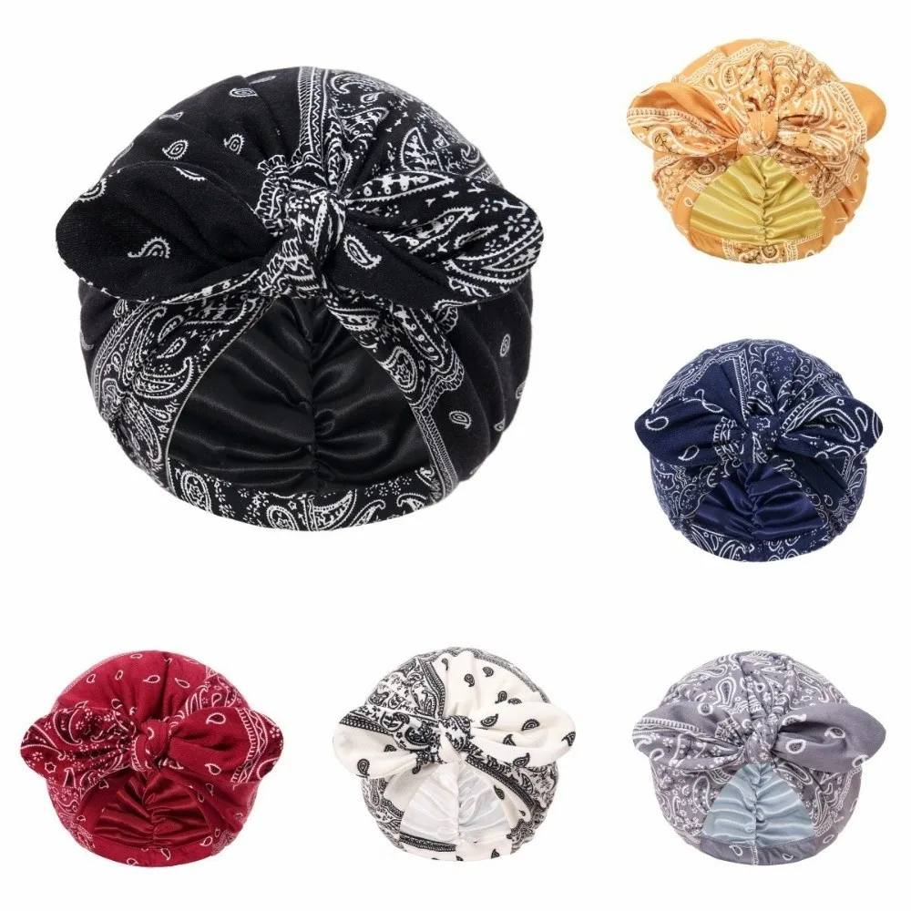 Satin Lined Bandana Turban Hat Paisley Print Rabbit Ear Bow Knot Pre-Tied Head Wrap Multi-Color 1PC Hair Cover Bonnet Daily Use