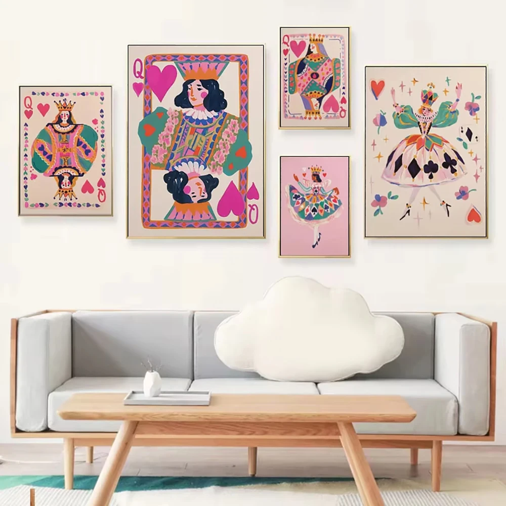Queen of Hearts Poker Poster Colorful Playing Card Print Canvas Painting Preppy Wall Art Pictures for Room Home Aesthetic Decor
