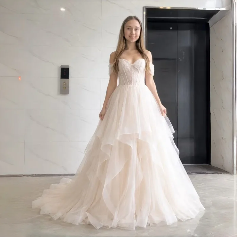 Champagne Organza Ball-Gown Off-The-Shoulder Wedding Dress Tiered Tulle Skirt With Lace Corset Evening Gowns Customizable