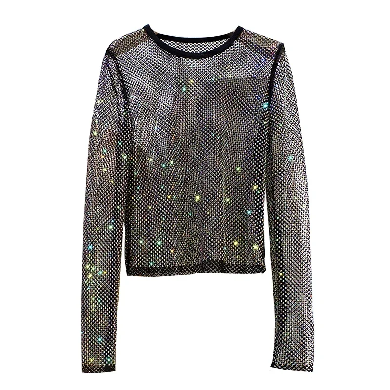Verão novas senhoras temperamento strass em torno do pescoço manga longa brilhante luz das estrelas oco brilhante camisa de fundo feminino tendência superior