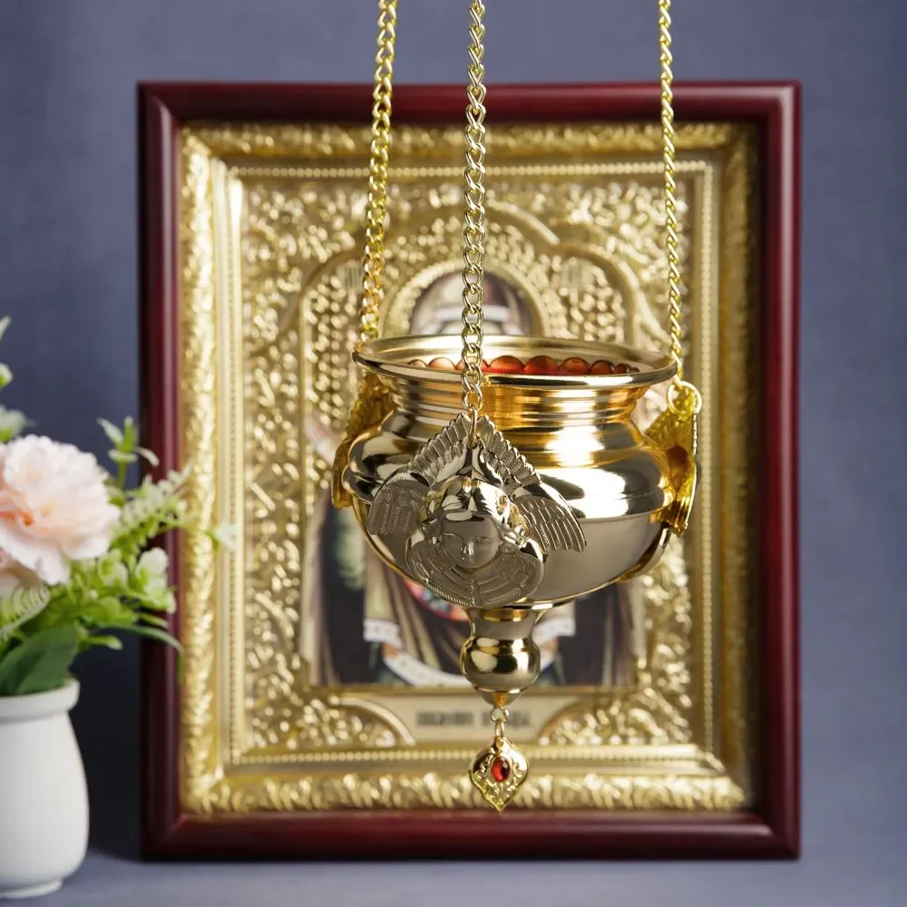 Orthodox Church Gold Hanging Oil Vigil Lamp Angel Statue Decoration With Red Glass Cup Лампада подвесная с красным стаканчиком