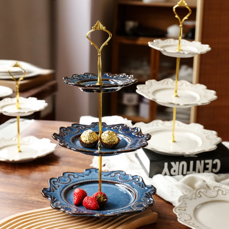 HYS court style ceramic multi-layer cake snack rack, relief tray, living room three-layer fruit snack dessert table