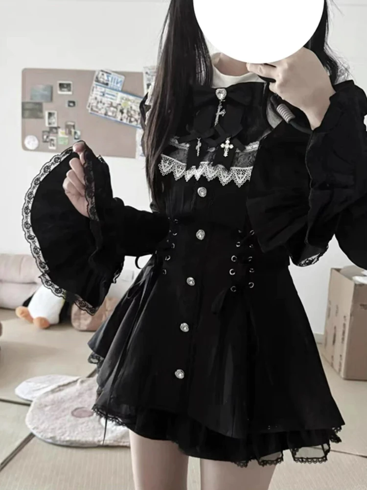 

Japanese Gothic Retro JK Dress Women Harajuku Y2k Bow Lace Sweet Mini Dresses New Vintage Slim Patchwork Elegant Party Outfit