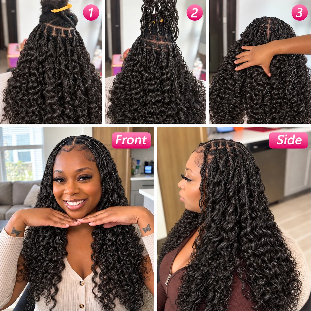 Natural Black Color Water Wave Deep Wave Feather Crochet Human Hair Extensions Miracle Knots Knotless Pre Separated Boho Braiding Hair Soft Natural Curls Lightweight Reusable Protective Style For Women view 5