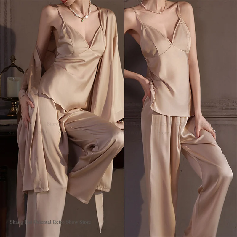 

Spring Summer New Female 3PCS Robe Pajamas Set Sexy Lingerie Trouser Pijamas Suit Long Bathrobe Loose Satin Homewear Loungewear