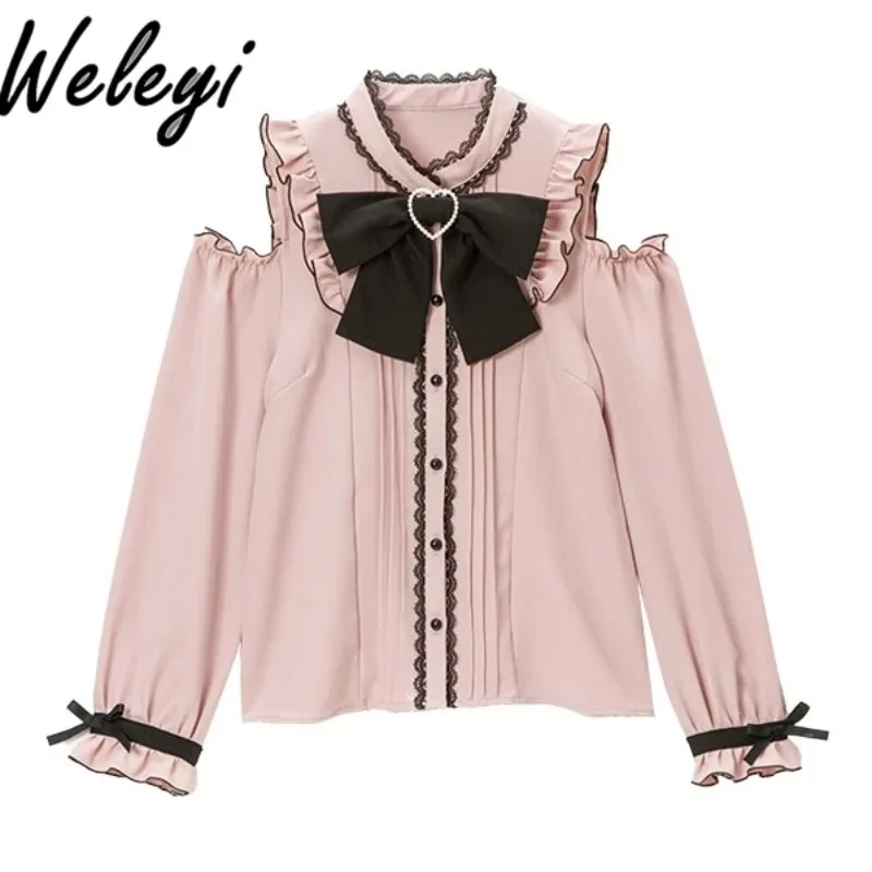 

Japanese Fashion Sweet Lolita Shirts Student Spring New Kawaii Women's Long Sleeve Off Shoulder Pink Bow Knot Tops Blusas Mujer