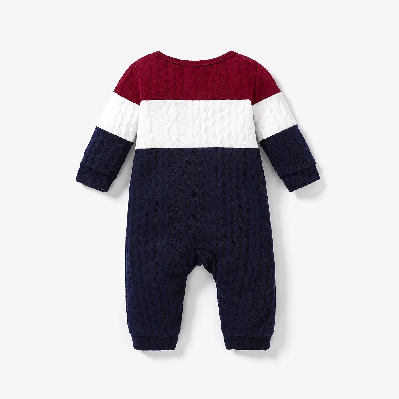 PatPat Baby Boy Colorblock Knitted Textured Long-sleeve Jumpsuit Soft and Comfortable  Perfect for Outings and Daily Wear