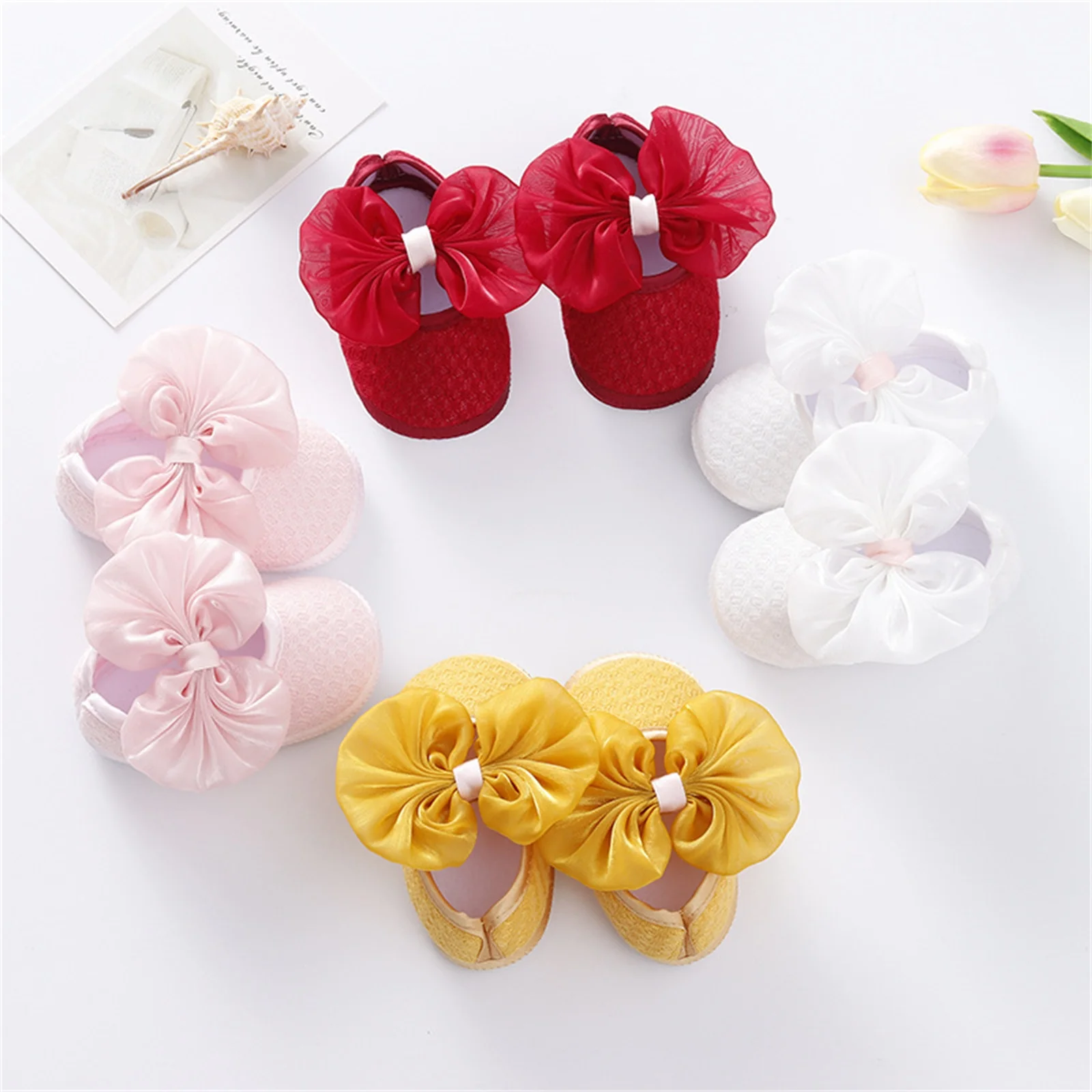 Zapatos para primeros pasos para bebés pequeños, calzado para caminar de Color sólido con lazo grande para niñas, rosa/blanco/rojo vino/amarillo
