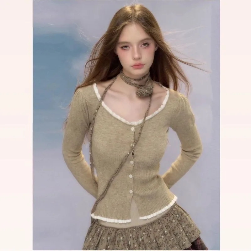 Korean Fashion Long Sleeve Cardigan Tops Autumn Spring Sweater 90s Vintage Knit Mori Girl Square Collar Lace Spliced Knitwears