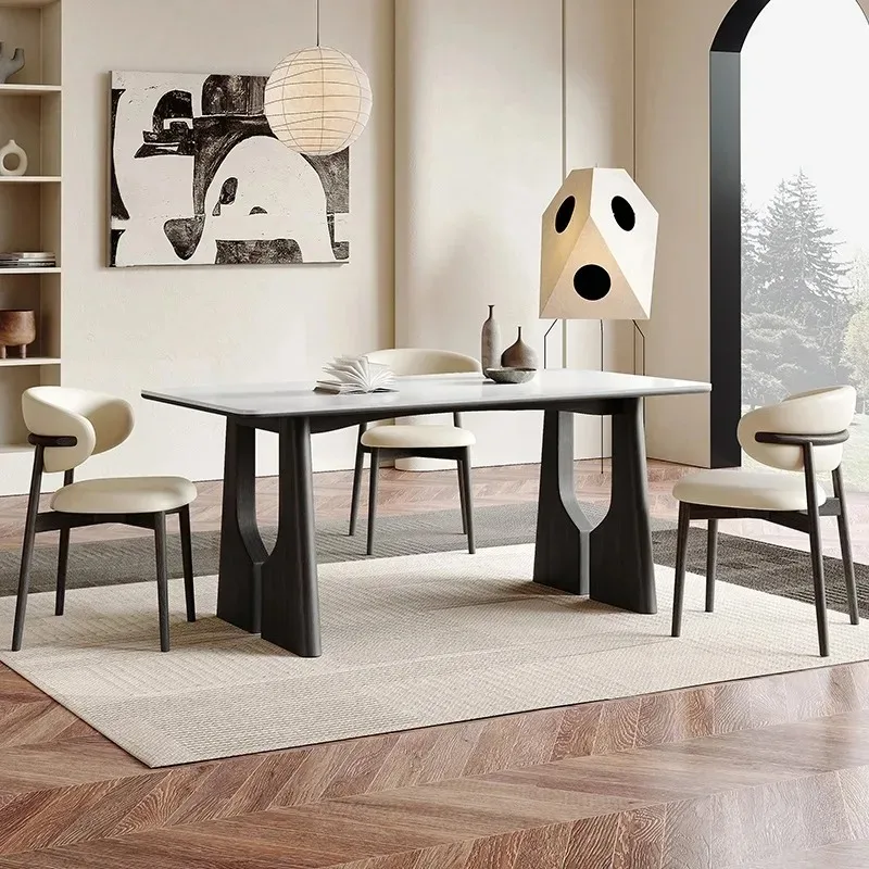 Vintage-style solid wood dining table and chairs, French vintage black small apartment, cream-inspired living room