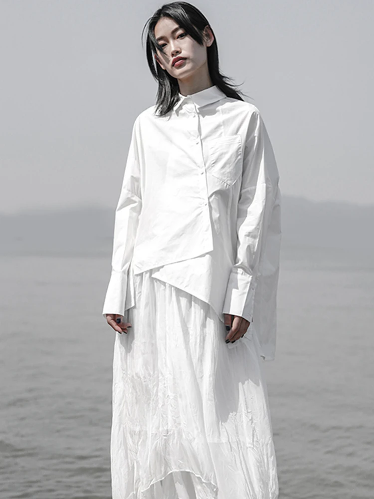 Chemise blanche à manches longues pour femmes, nouvelle collection printemps-automne, chemise ample, irrégulière, grande taille, à la mode, 2022