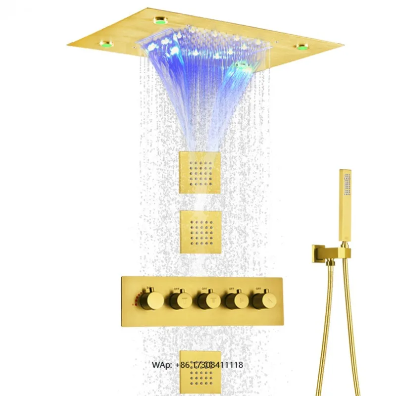 Light Emitting Diode Shower Faucet Matte Black Thermostatic High Flow Shower Set Hidden Ceiling Heavy Rain Waterfall Shower Head