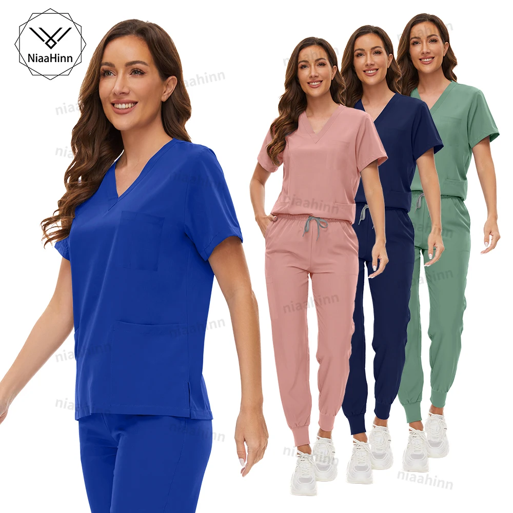 

Nurse Scrubs Hospital Uniform Women V-neck Short Sleeved Tops Jogger Scrub Multicolor Beauty Salon Nursing Work Clothes Lab Coat