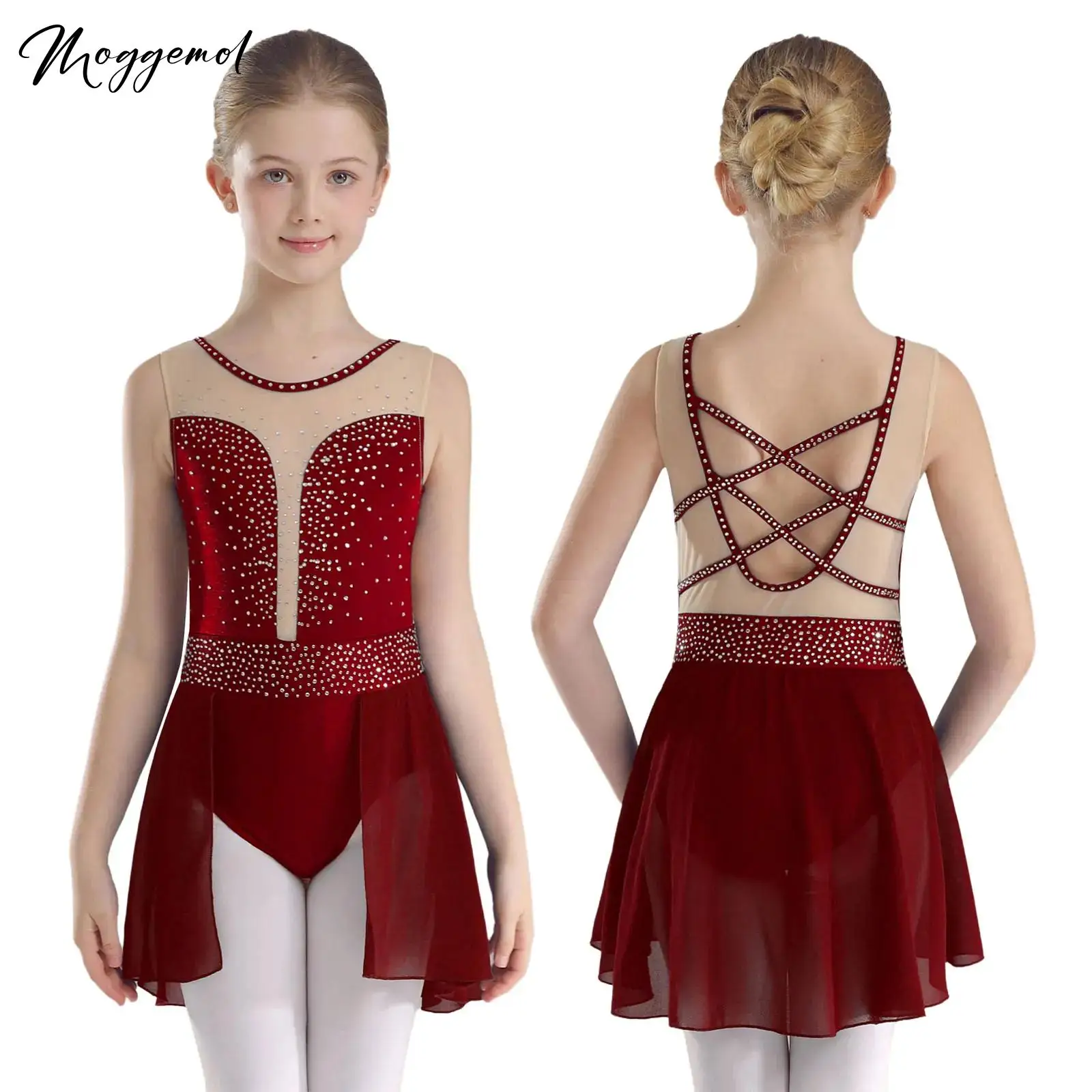Vestido de patinaje artístico para niñas, disfraz de actuación, diamantes de imitación brillantes, espalda cruzada, leotardo de danza de Ballet, gimnasia lírica