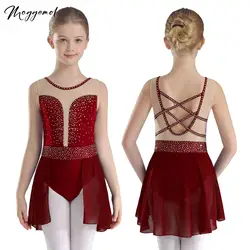 Kids Girls Figure Skating Dress Performance Costume Sparkly Rhinestones Crisscross Back Ballet Dance Leotard Lyrical Gymnastics