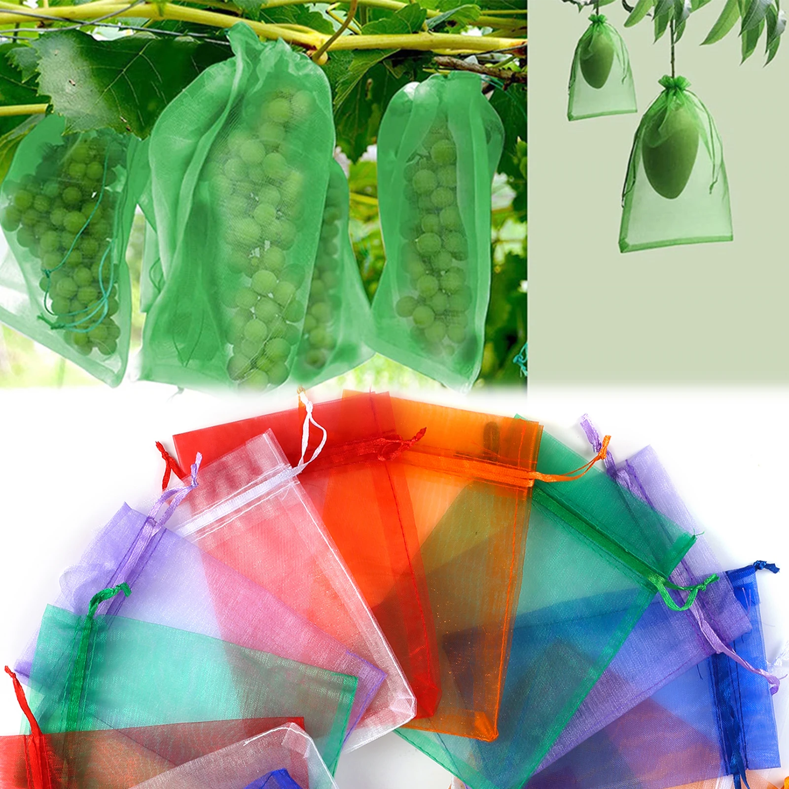 Drawstring Net Mesh Bag Fruit Vegetable Protect Growing Bag 5 Size 6 Color Strawberry Grape Peach Tomato Anti-Bird Pest Control