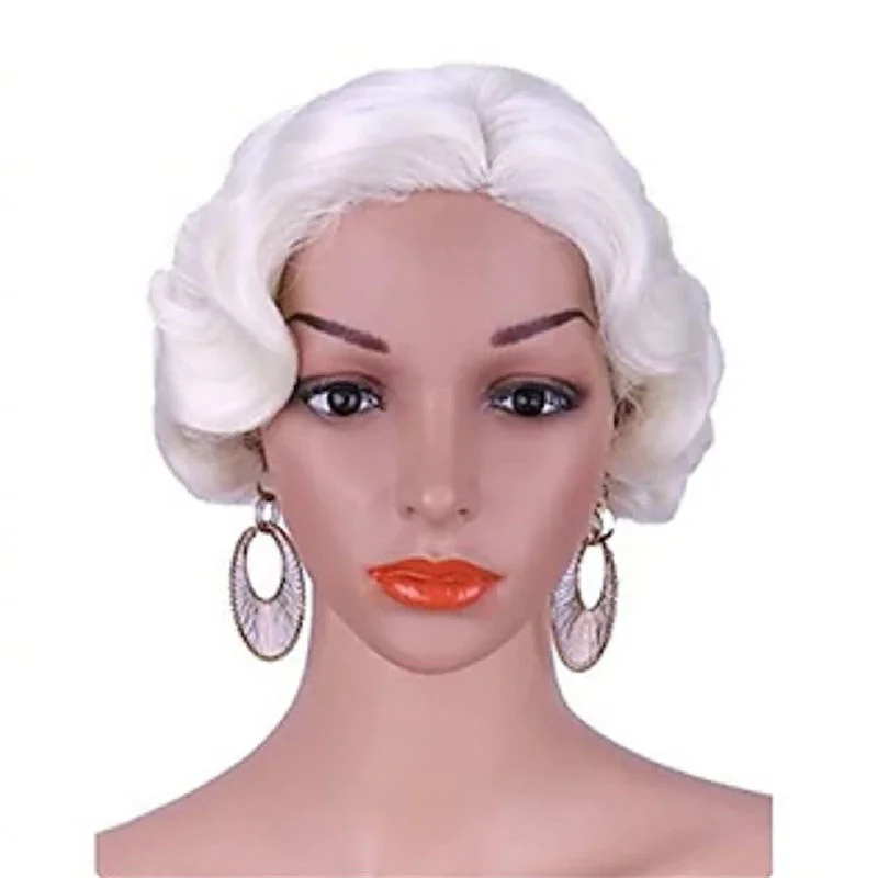 

Women’s Wig White Ladies Wig Short Finger Wave Ladies Daily Hair Wigs+Wig Cap