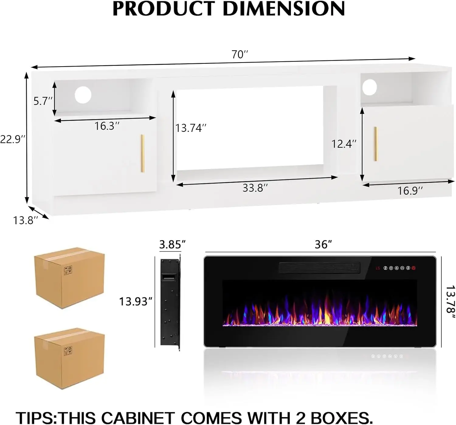 Fireplace tv Stand with 36 inch Fireplace Up to 80" TVs,LED Light Entertainment Center and Storage, 70" Modern Wood Medi