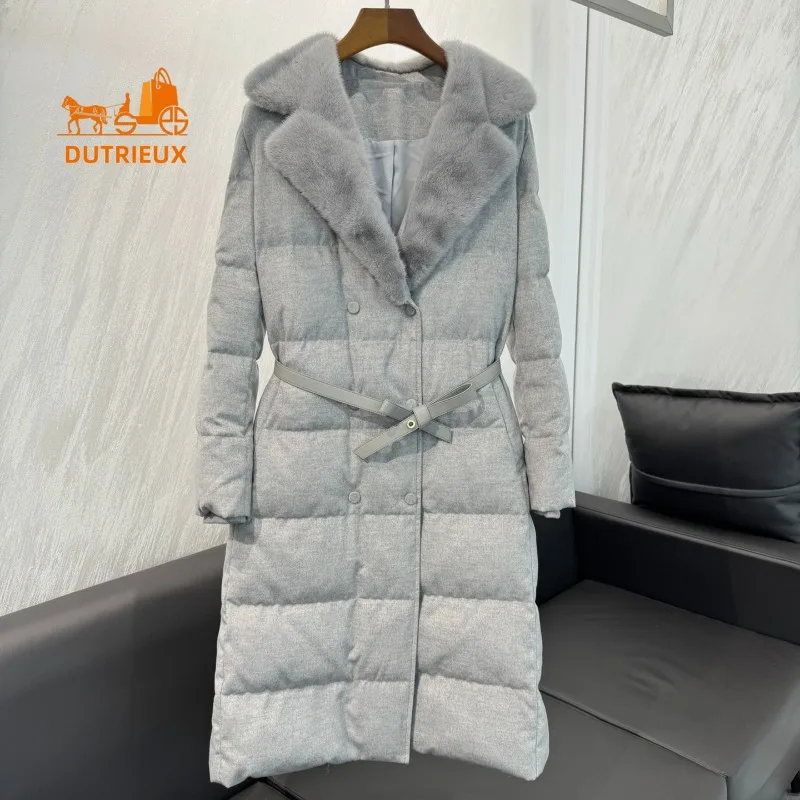 New Winter Down Jacket for Women, Long Large Lapel Mink Collar Splicing Cashmere 90 White Goose Down Jacket Belt Coat Keep Warm