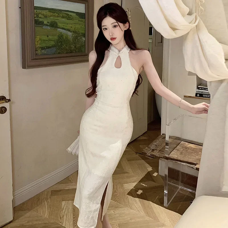 

Новое улучшенное женское платье Ципао Cheongsam с открытой спиной в китайском стиле, элегантное классическое длинное платье без рукавов, сексуальные белые платья