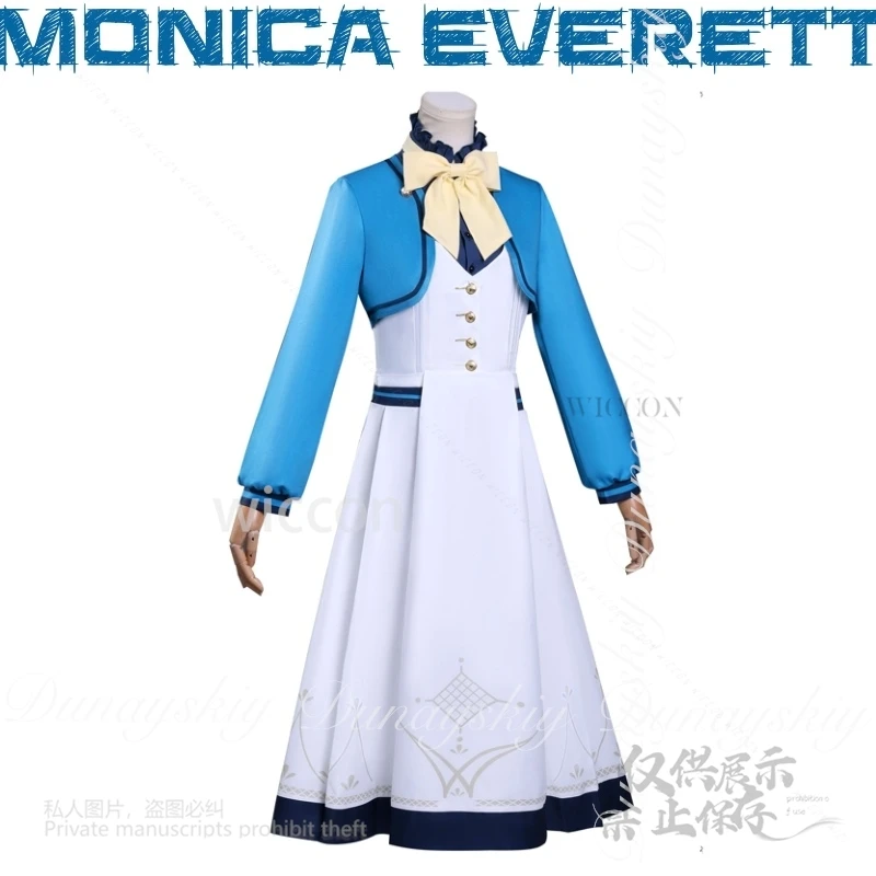 أسرار مو الساحرة الصامتة أنيمي مونيكا ايفريت تأثيري مع فستان أزرق أبيض لون القهوة شعر مستعار زي جميع مجموعة كوس