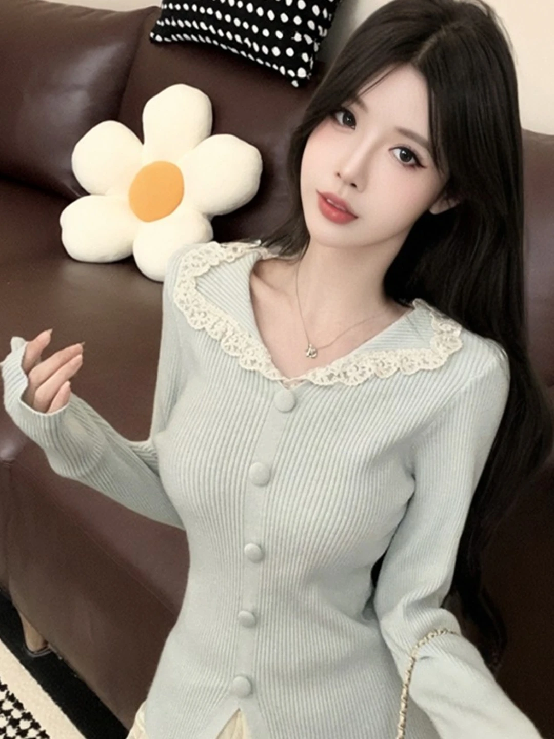

Sweet Style Lace Splice Slim Fit Knitted Sweater Women's Base Layer Long Sleeve Autumn Winter Fashion Youthful Collar Single ...